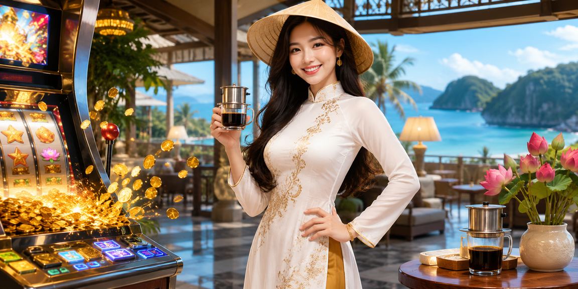 Người dùng Hà Nội chơi slot game trực tuyến bên ly cà phê trong không gian hiện đại