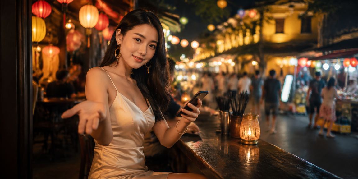 Khung cảnh casino di động về đêm tại Hội An với đèn lồng lung linh
